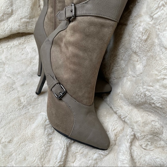 American Exchange Mid Calf Stiletto Boots Grey Buckles - Picture 6 of 13